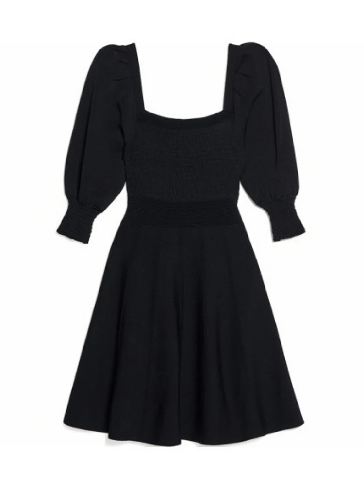 

Autumn and Winter New Sandr Square Neck Puff Sleeves Solid Color Elastic Waist Cuffs Women Casual Mini Long-sleeved Dress