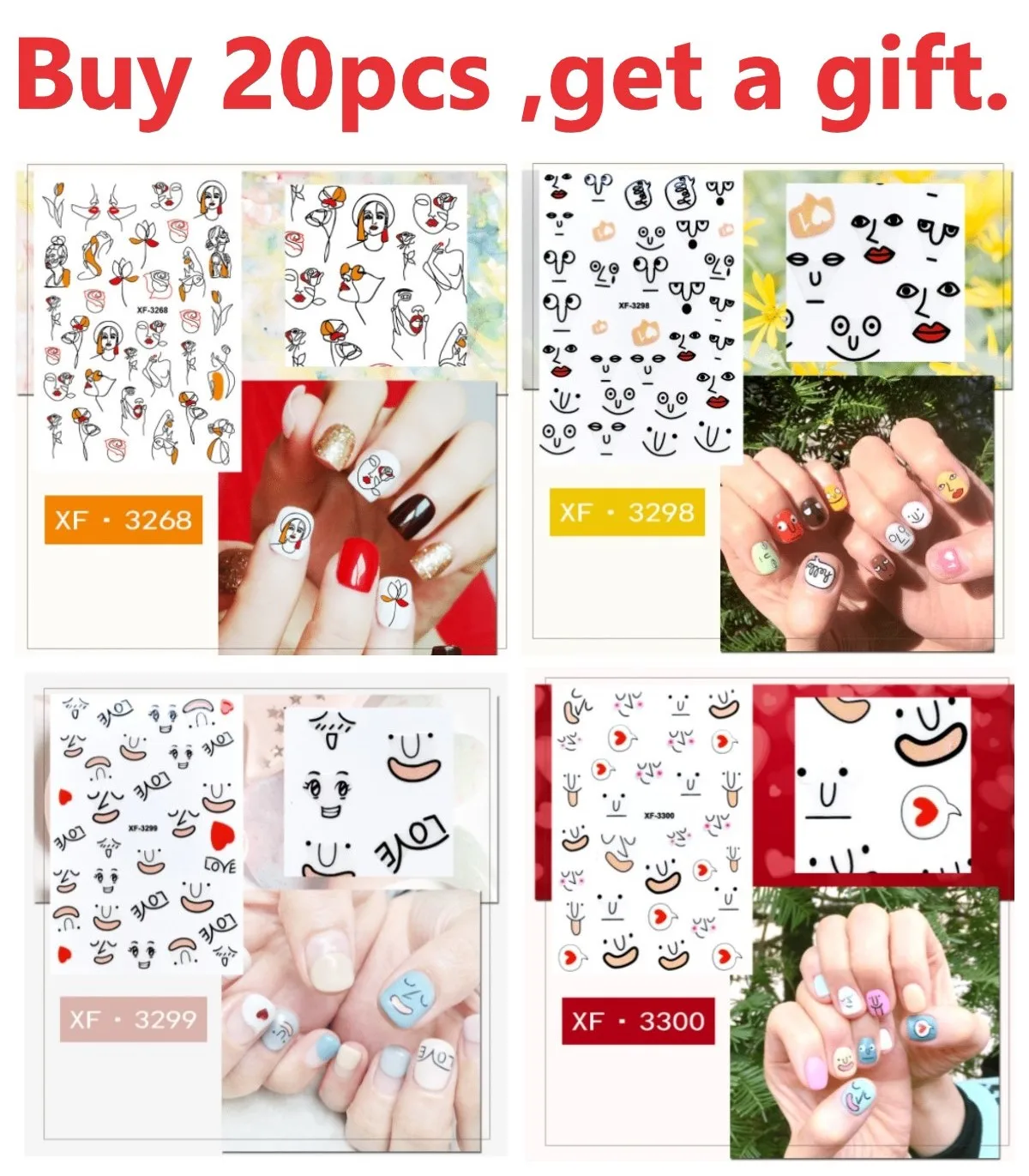 

5pcs/pack Lines smiling faces anger cute love Nail Stickers Designs Gummed 5D Nail Art Stickers Decals Makep Art Decorations