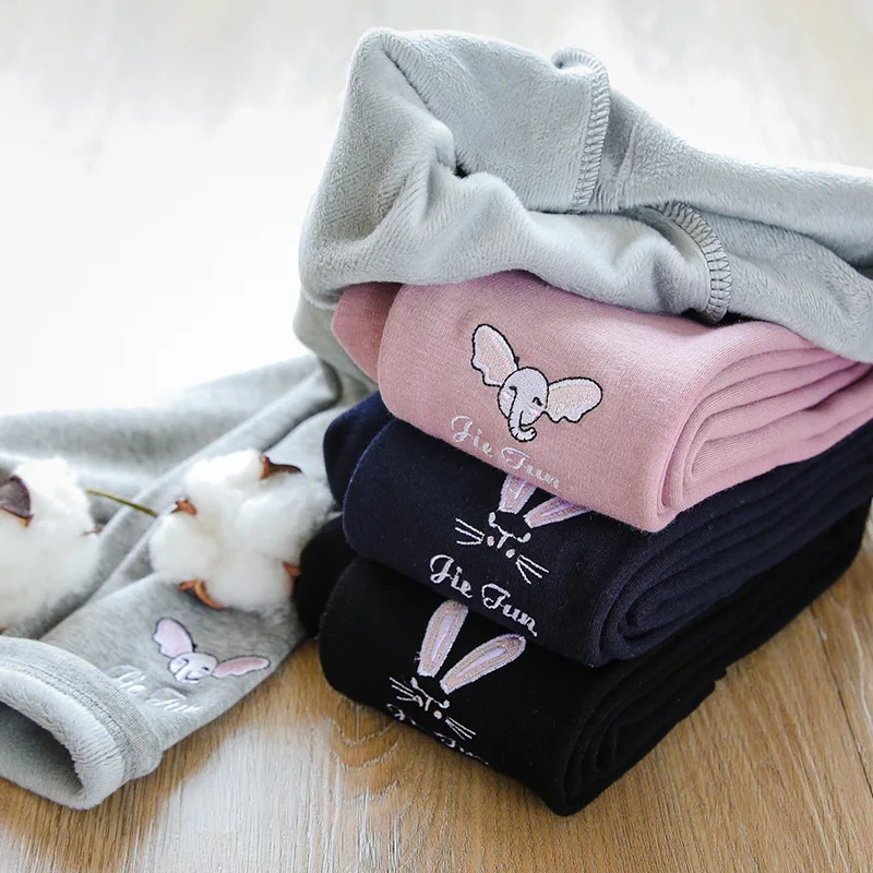 

Леггинсы для девочек с бархатной подкладкой, однотонные, с вышивкой, Детские Зимние теплые плотные штаны для девочек