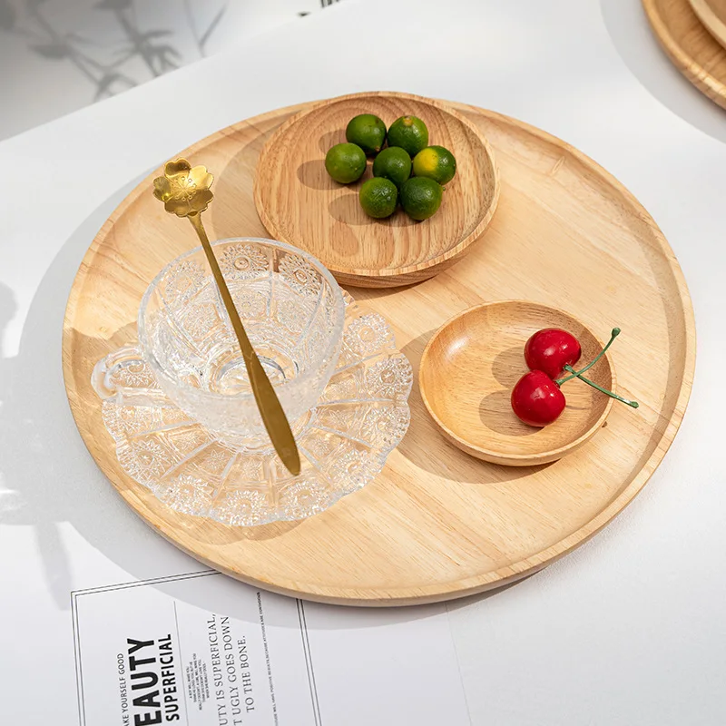 

Natural Wooden Tray Large Wood Serving Round Shape Snack & Coffee Plate Used Hotel & Restaurants Kitchen Tableware