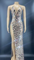 shining mirror sequins halter backless sexy women split long dress evening party club clothing stage singer perform costume