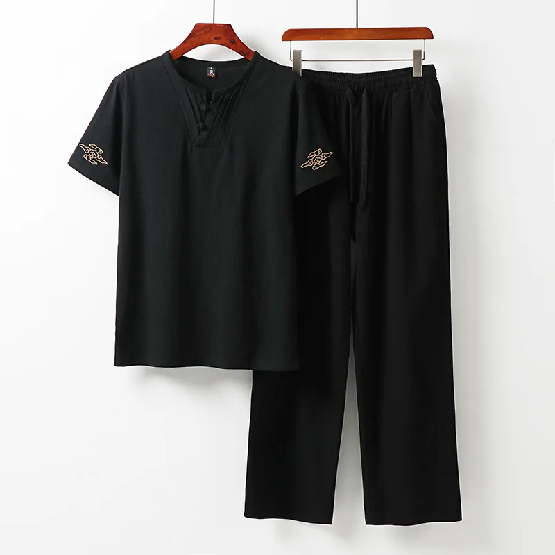 Summer Linen Suit Men's Loose Cotton Linen Short SleeveTT-shirt Trendy Laid-Back Tang Suit Chinese Style Men's Clothing Two-Piec