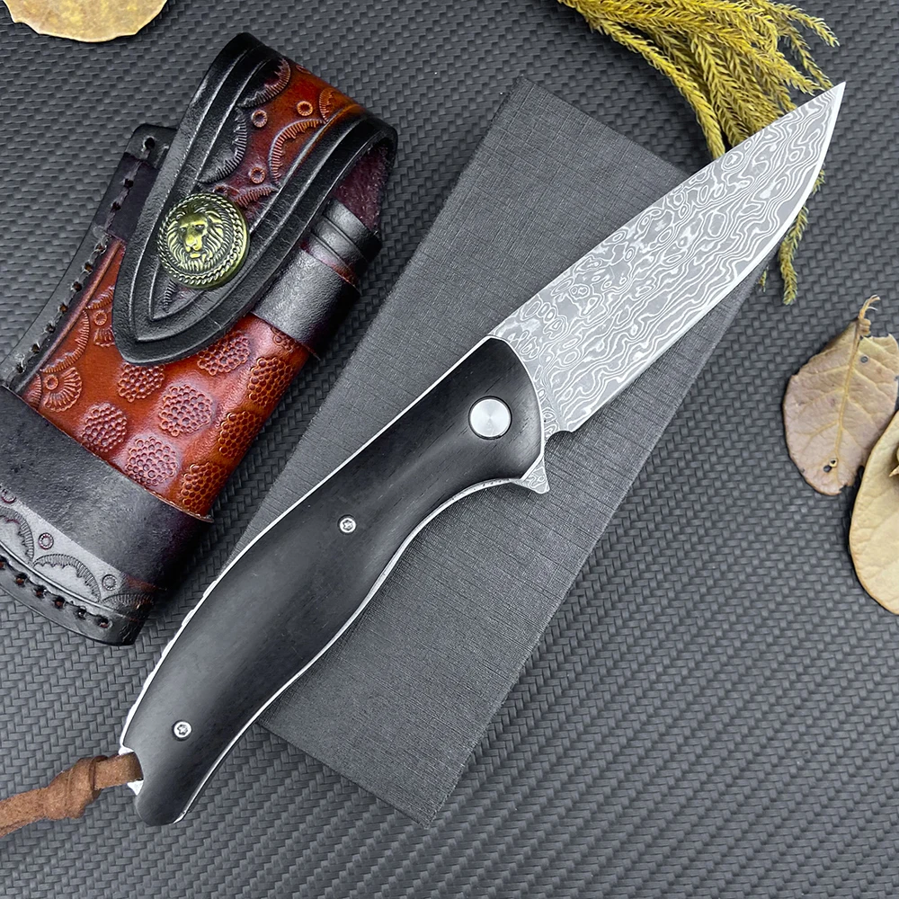 

Damascus Folding Knife High Hardness Outdoor Hunting Ebony Handle Pocket Flipper EDC Knife Multifunctional Self Defense Tools