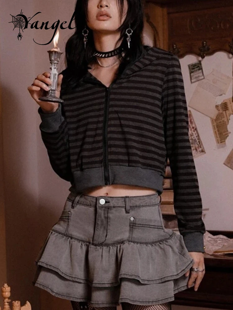 

Yangelo Gothic Striped Short Sweatshirt Hooded Sweater Women's Autumn Street Loose Zipper Top