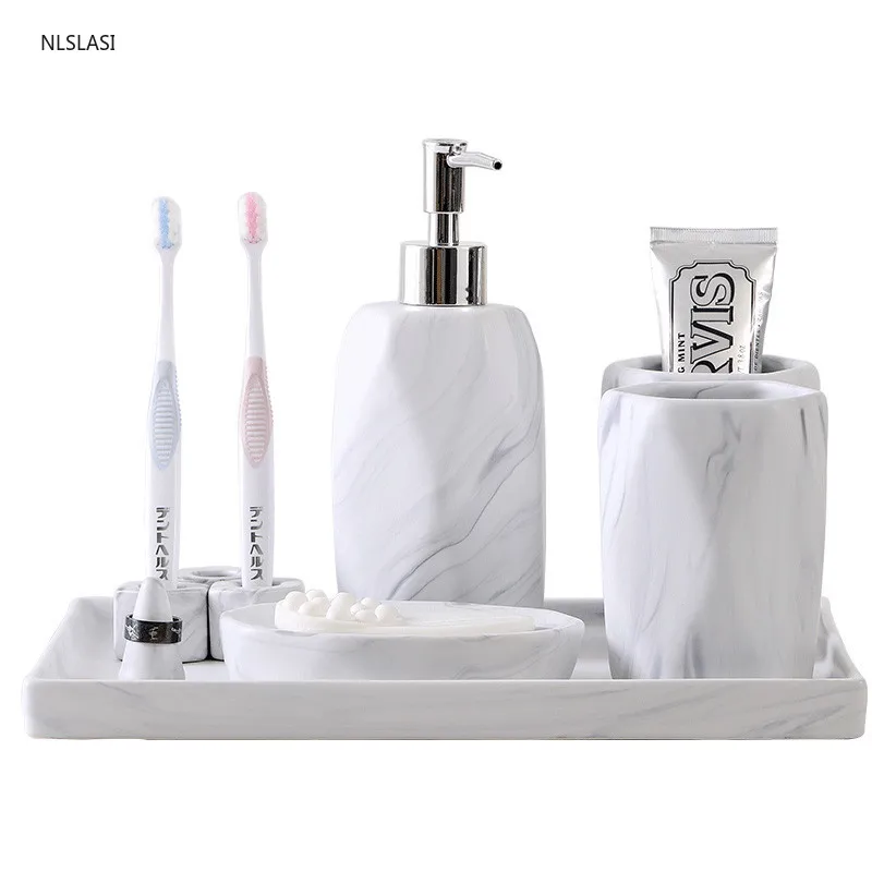 

Nordic Imitation Marble Bathroom Accessory Set Washing Tools ceramics Soap dispenser gargle cup Toothbrush Holder Wedding gifts