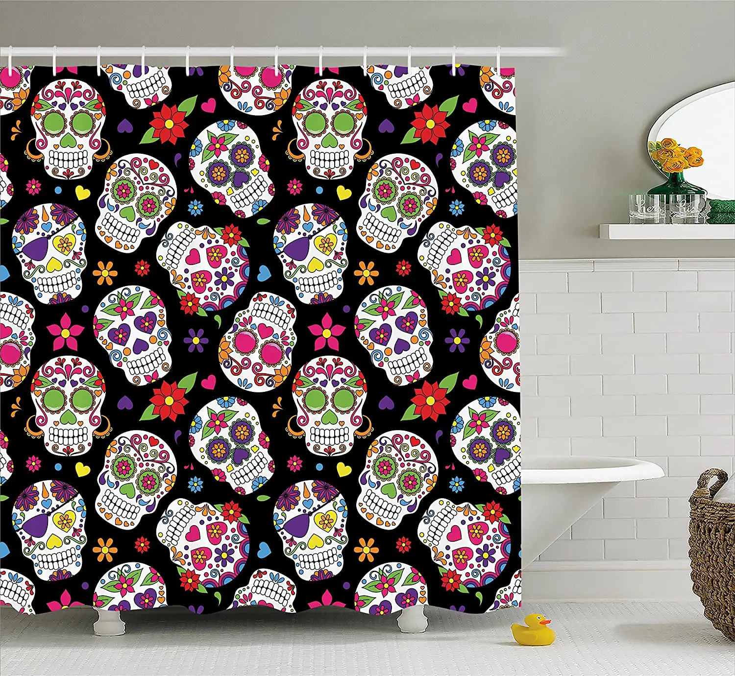 

Сахарный Череп Декор занавеска для душа праздничное кладбище мексиканский ритуал фигурки маска дизайн на черном фоне ткань декор для ванно...