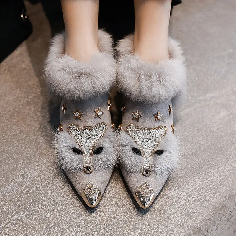 

True rabbit hair female winter plus velvet fox head hair hair shoes female warm wear fashion British style thick heel ankle boot