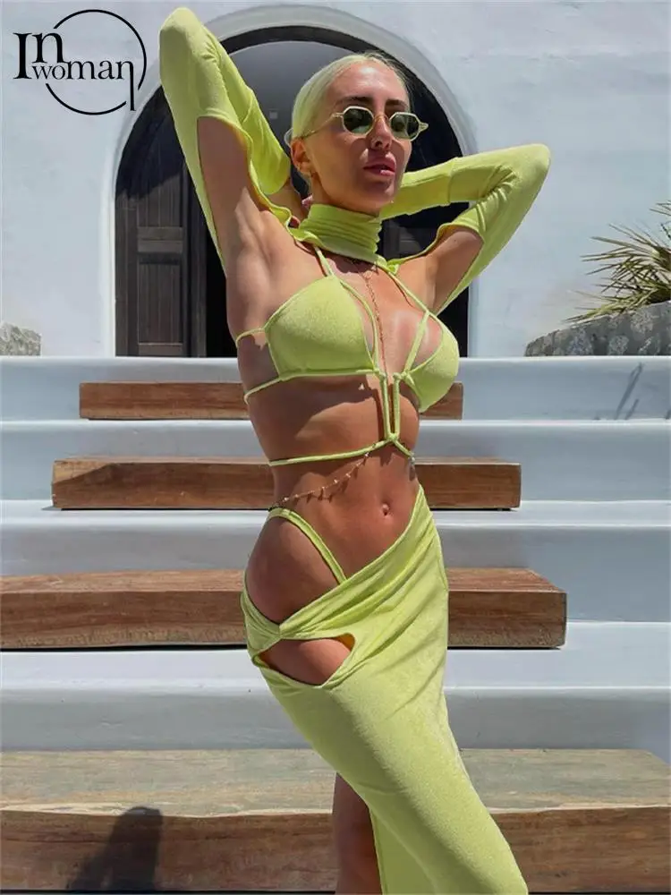 

Inwoman Summer Sexy Bandage Hollow Out 2 Two Piece Sets Club Outfit For Women 2022 Crop Top And Skirt Sets Female Matching Sets