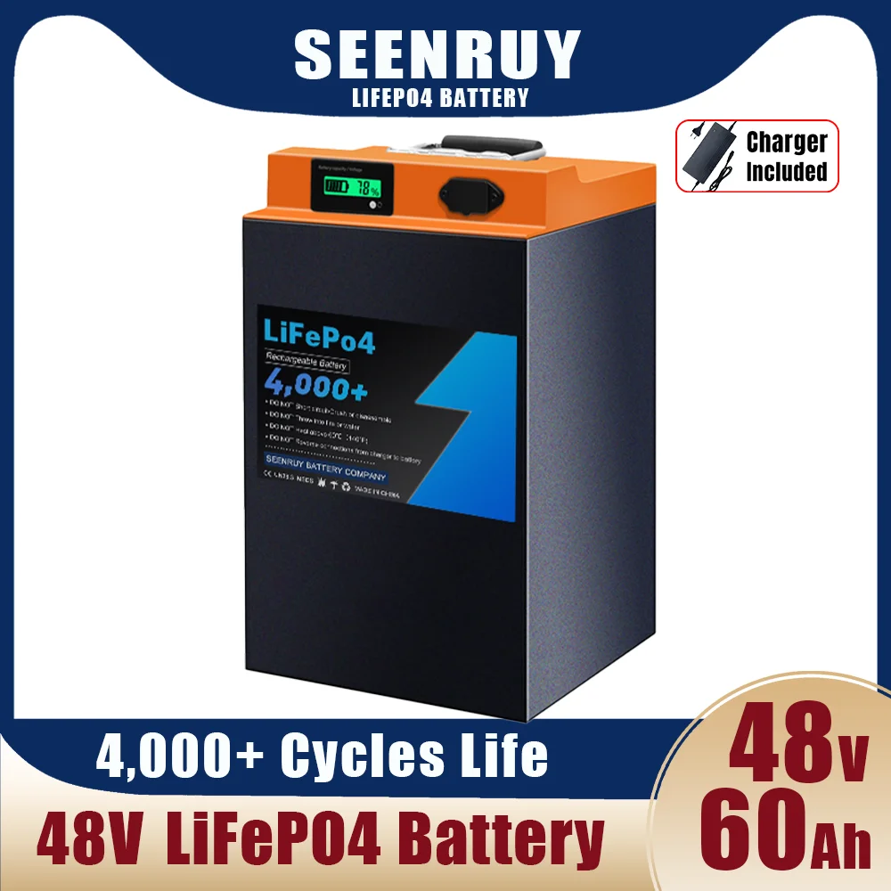 Аккумуляторная батарея Lifepo4, 48 В, 60 ач, 16s, Встроенная ручка Bluetooth 50A BMS для двигателя 1,5 кВт, 2000 Вт, рикша с зарядным устройством