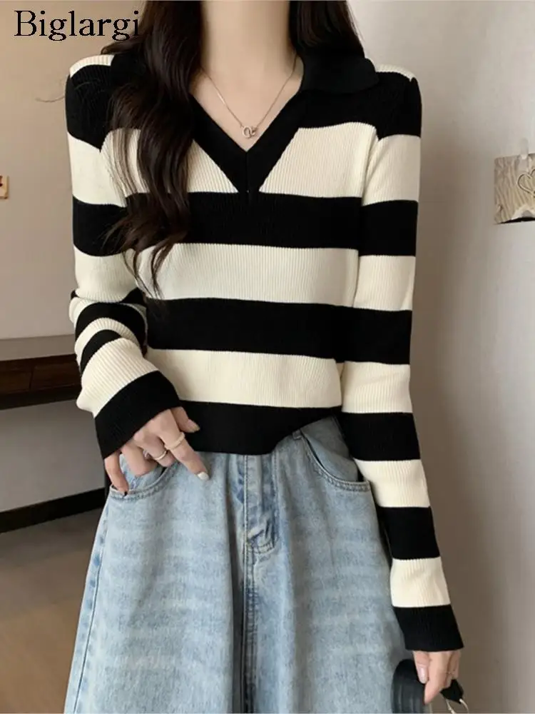 

Knitted Pullover Autumn Striped Print Long Sleeve Sweater Tops Women Modis Korean Ladies Cropped Tops V-Neck Woman Sweater 2023