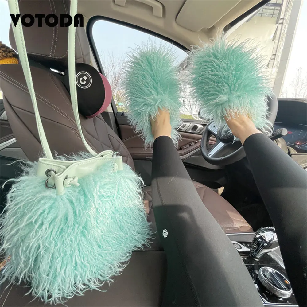 Luxury Mongolian Fur Slippers Faux Wool Fluffy Fur Slides Home Flat Flip Flop Cute Furry Tassel Handbag Women Shoes Shoulder Bag