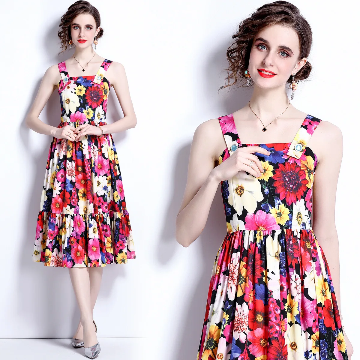 

2022 New Summer Women's Skirts Printed Single Breasted Mid Waist Slim Fit Slim Holiday Sling Sexy Sweet Swing Dress