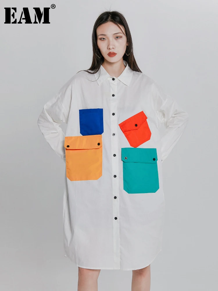 

[EAM] Women White Color-block Long Big Size Shirt Dress New Lapel Long Sleeve Loose Fit Fashion Tide Spring Autumn 2022 1DE7359