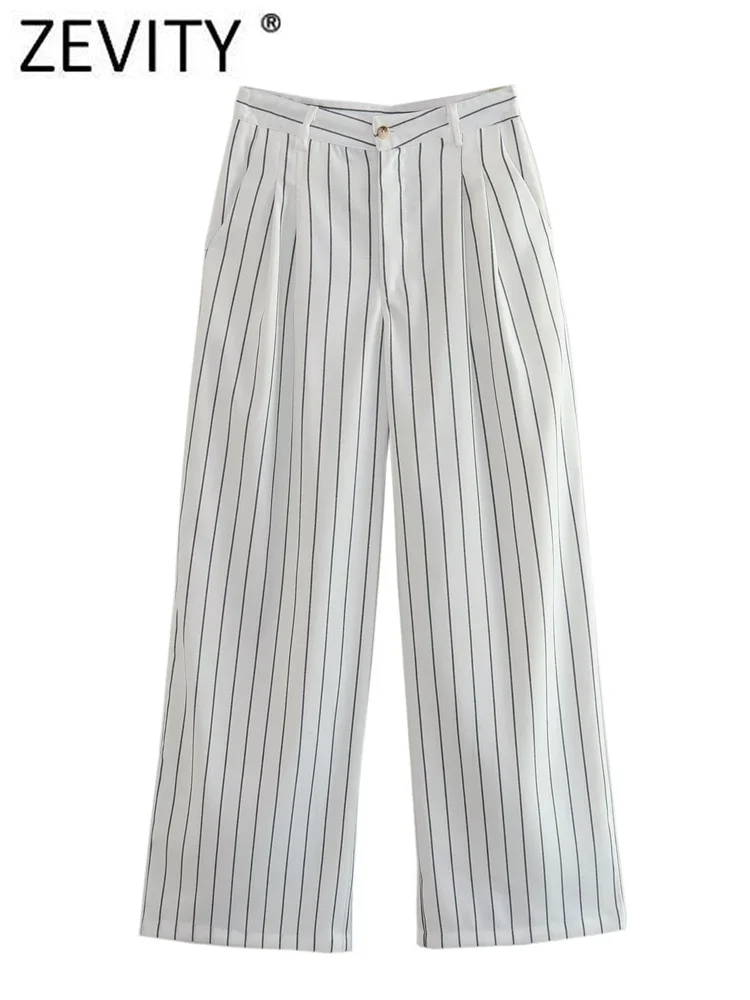 

Zevity 2023 новые женские модные дизайнерские полосатые широкие брюки с принтом спереди, женские шикарные длинные брюки на молнии P4405