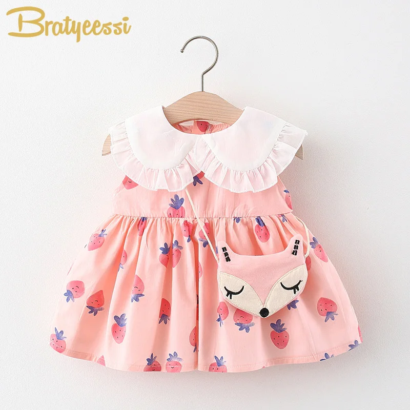 

Cute Baby Summer Dress with Fox Bag Cotton Baby Girl Clothes Strawberry Print Kids Dresses for Girls Clothing Children Sundress