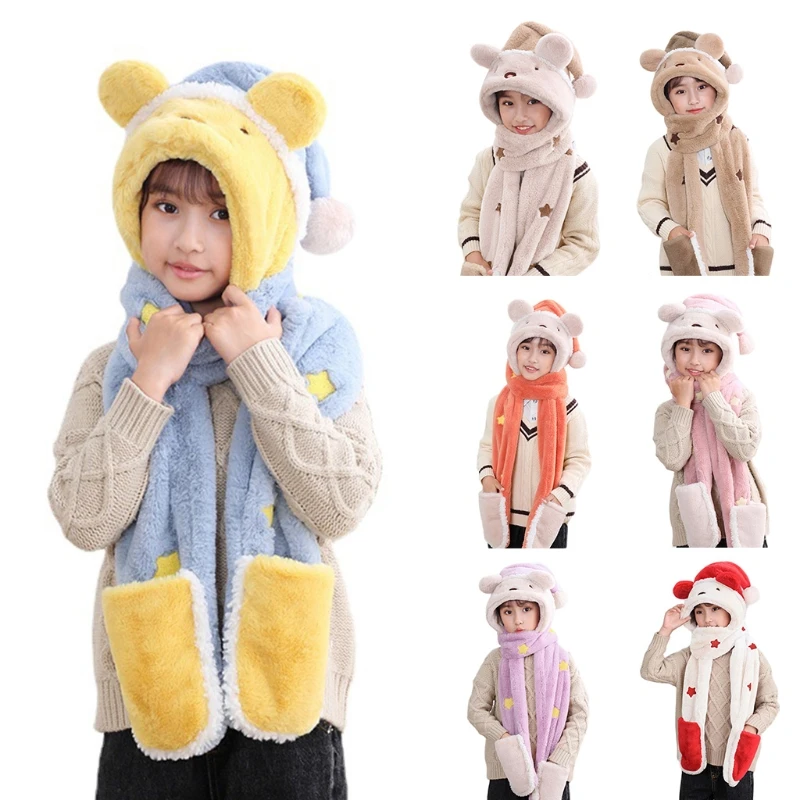 

3-8Y Neck for PROTECTION Hat Winter Hat Scarf Gloves Set Windproof for Head Warmer Velvet-like For Kids Chil Drop Shipping