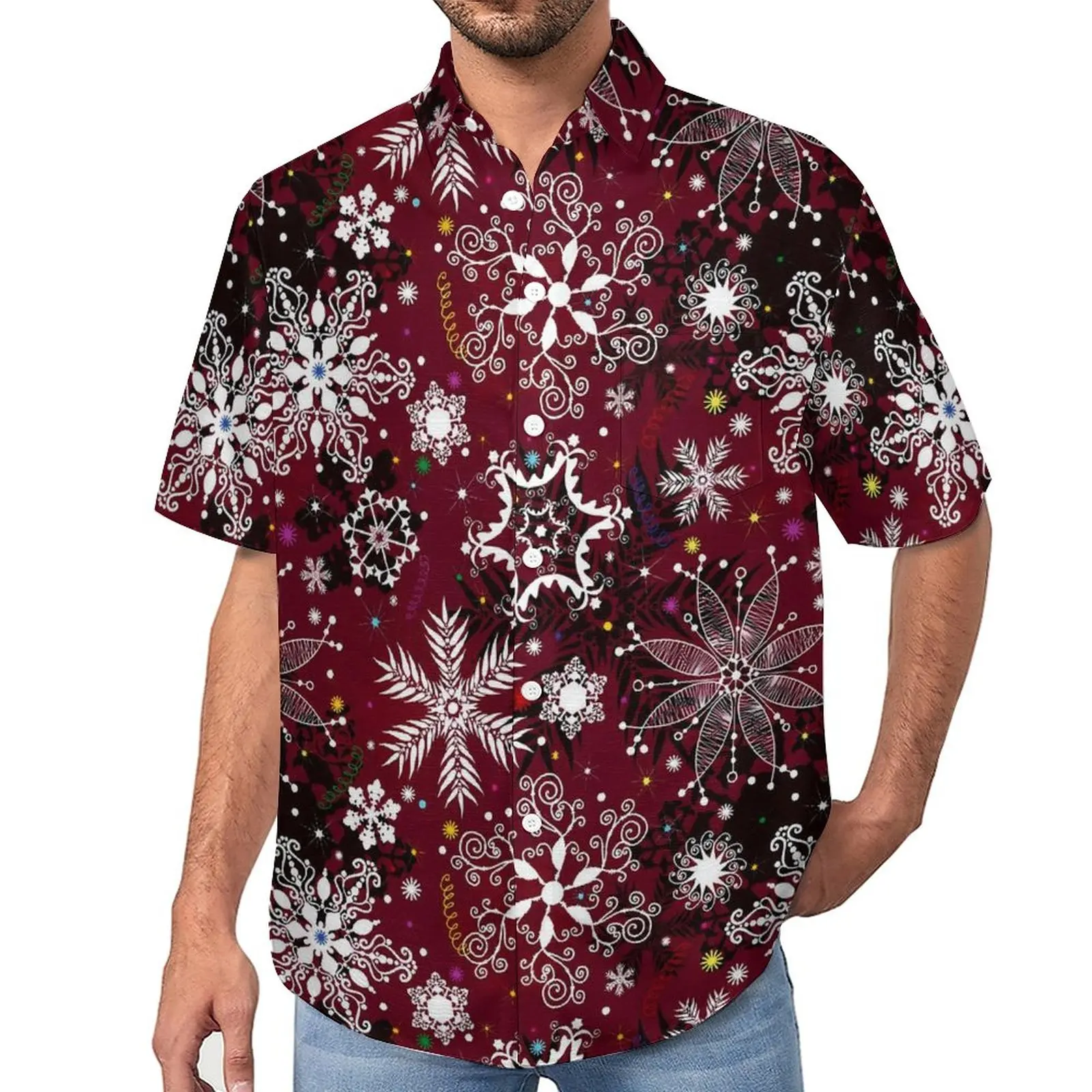 

White Snowflake Casual Shirt Christmas Print Vacation Loose Shirt Hawaiian Aesthetic Blouses Short-Sleeved Design Oversized Tops