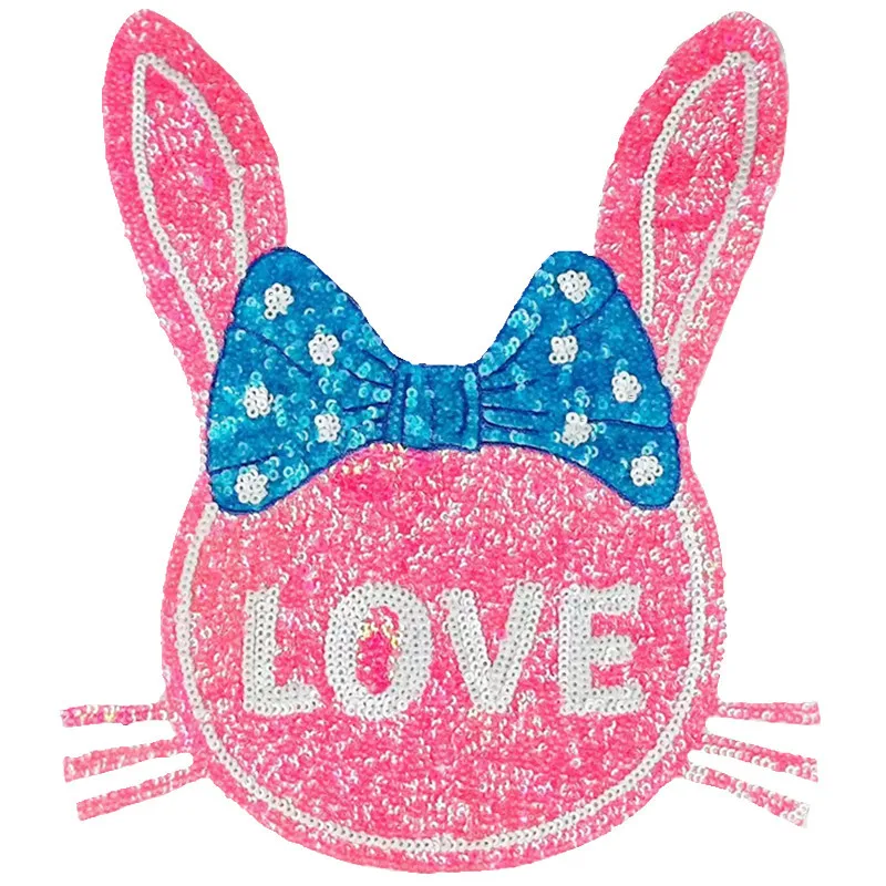 

Large Rabbit Pink Sequins Iron on Patches for clothing DIY Strange Things Decoration Fabric T shirt Women Men Free Shipping