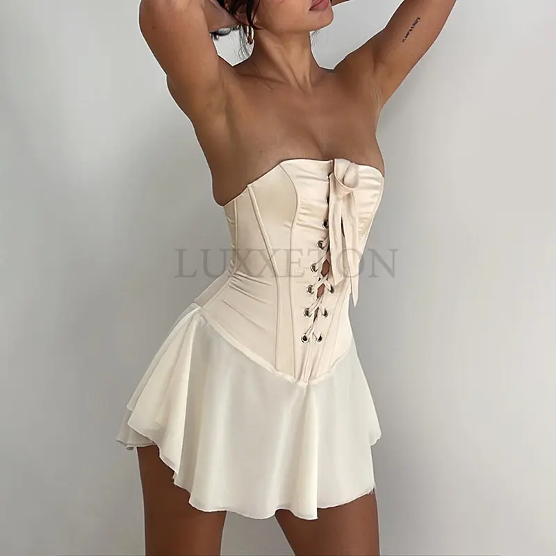 

Piece Bandage Corset Top Leather Cross Backless Tube Top Beige Bustiers Corsets Vintage Summer Top Sexy Dress