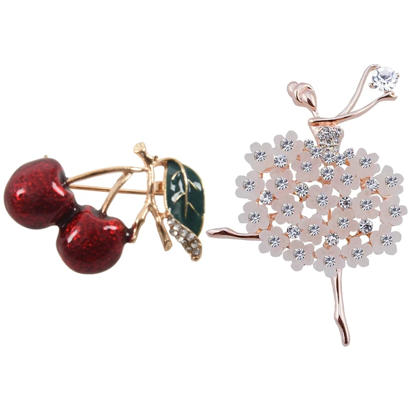 

2 Pcs Rhinestone Decoration Brooch Pin For Sweater Coat Brooch, Cherry Fruit Green Leaf & Ballet Angel Girl