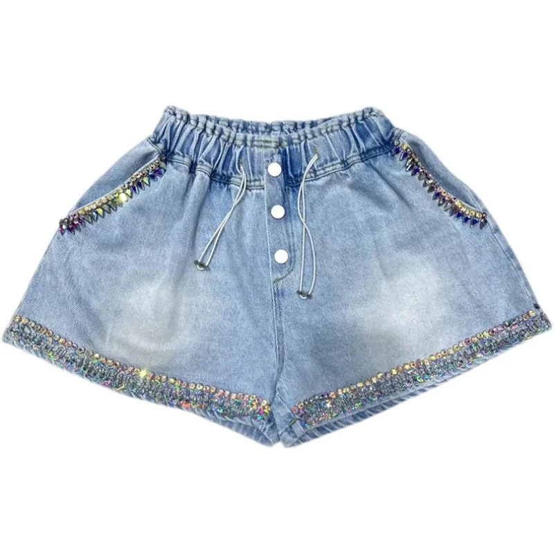 2023 Summer New Denim Shorts Exquisite Rhinestone Beaded High Waist Shorts Slimming Wide-Leg Loose Casual Short Pants Female