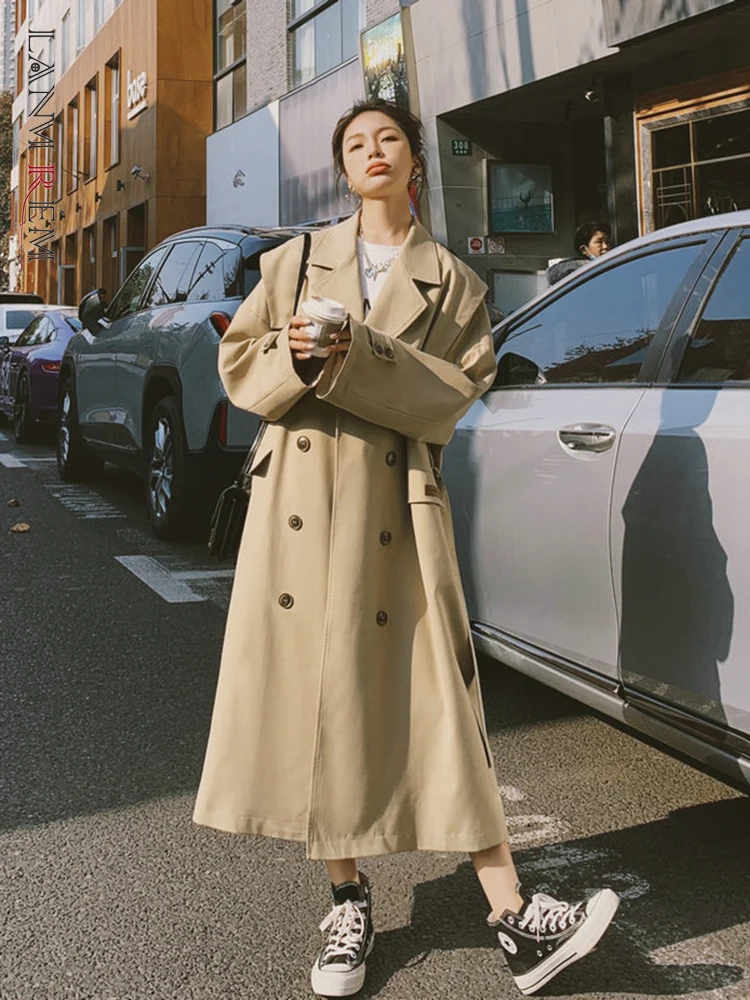 

LANMREM Khaki Trench Coat Notched Double Breasted Long Windbreaker Female Loose Casual Belt Coats 2023 Spring Winter New 2R4239
