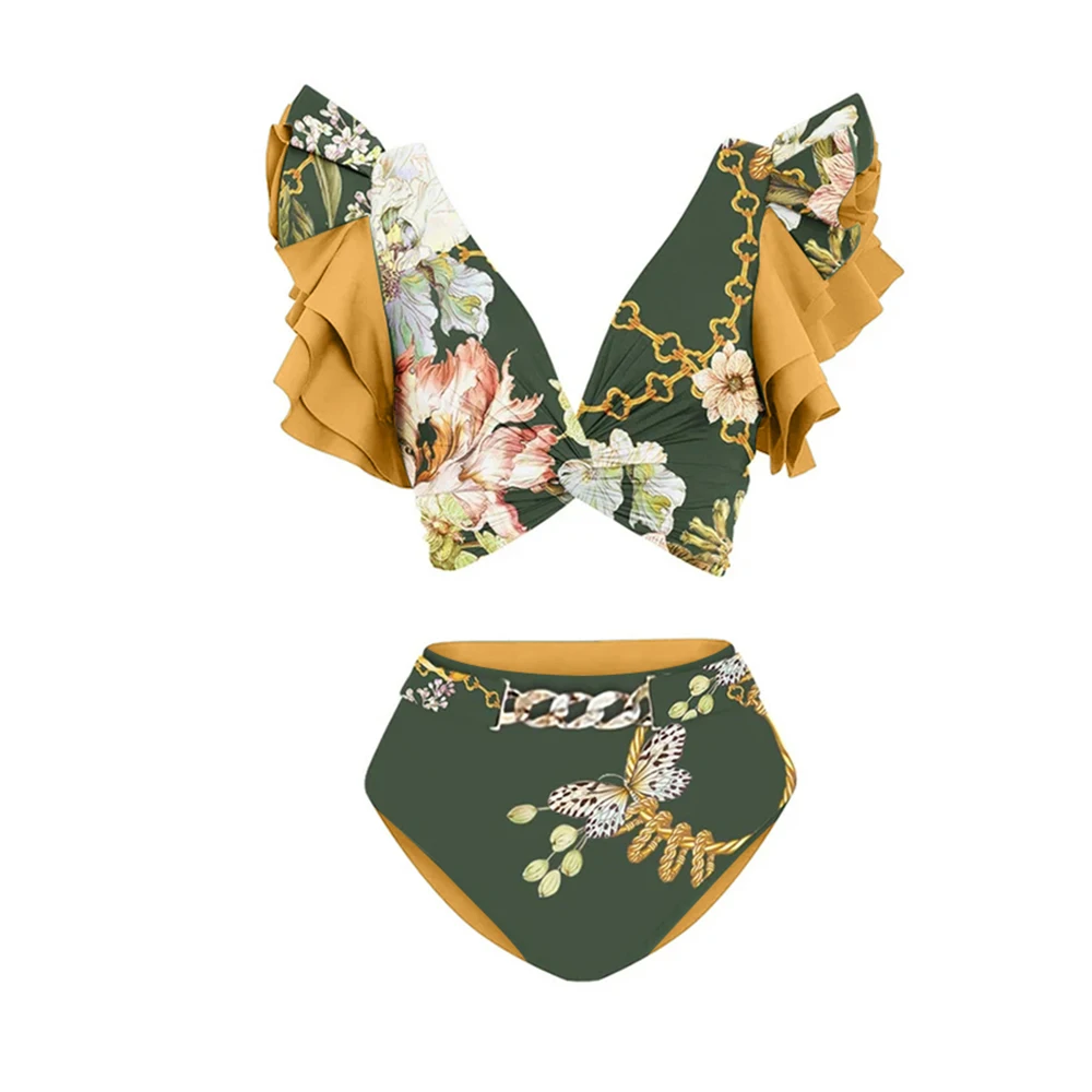 2023 New Ruffled Floral Print Bikini Split-joint Swimsuit Vintage Bathing Suit Women's Swimming Set Summer Beach Wear High Waist