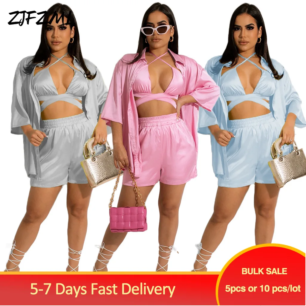 

Bulk Items Wholesale Lots Refreshing Women's Tracksuits Half Sleeve Cardigan Coat+cleavage Bra Top+solid Bohemian Short Summer