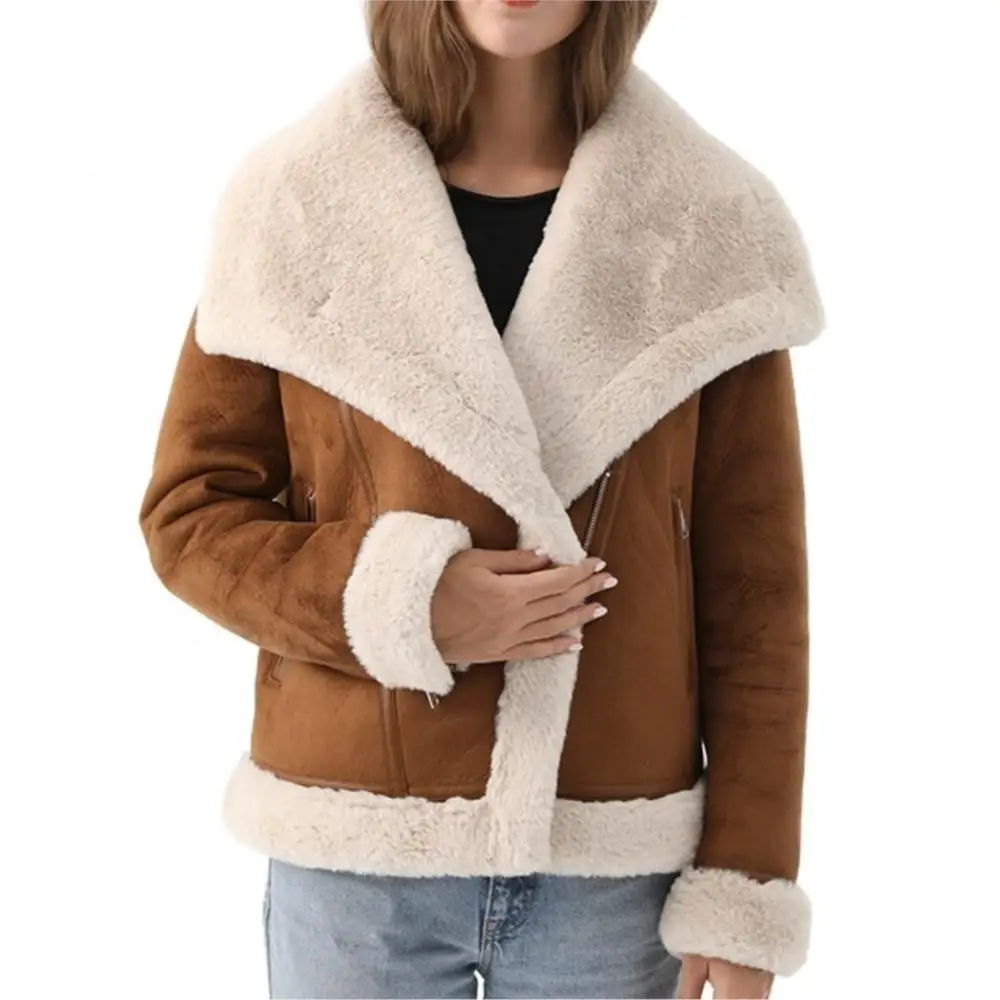 Women Winter Real Suede v-neck Jacket Real Fur Lined Suede Pure Color Thermal Coat Real Suede And Shearling Elegant Coat