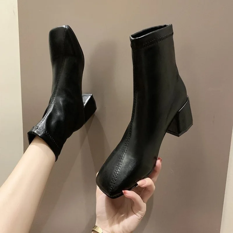 2023 Women Ankle Boots Females Shoes Square Toe High Heels Black White Classic Vintage Leather Comfort Breathable Chelsea Boots