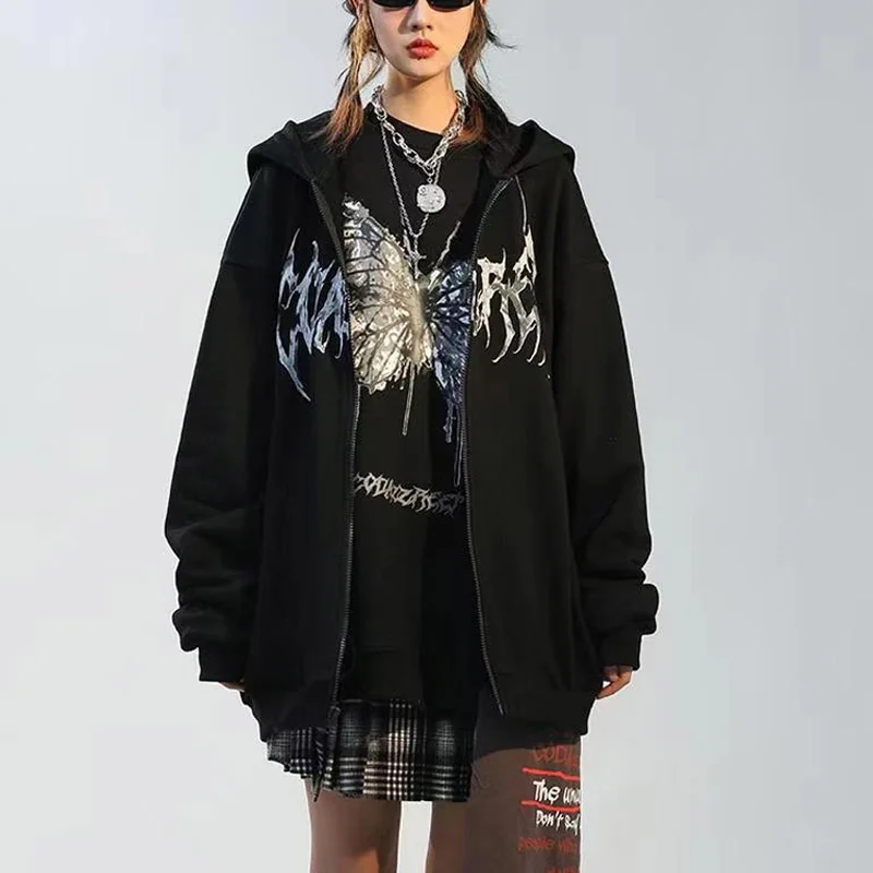 

Butterfly Y2K Oversized Hoodie Zip Up Kangaroo Pocket Hooded Sweatshirts Female Autumn Korean Fashion Hoodie Women Sweatshirt