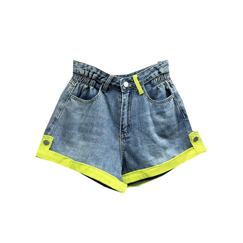 High Street Color Matching Curling A- Line Denim Shorts Women 2023 New Summer Short Pants Waist Slimming Blue Jeans Shorts Femme