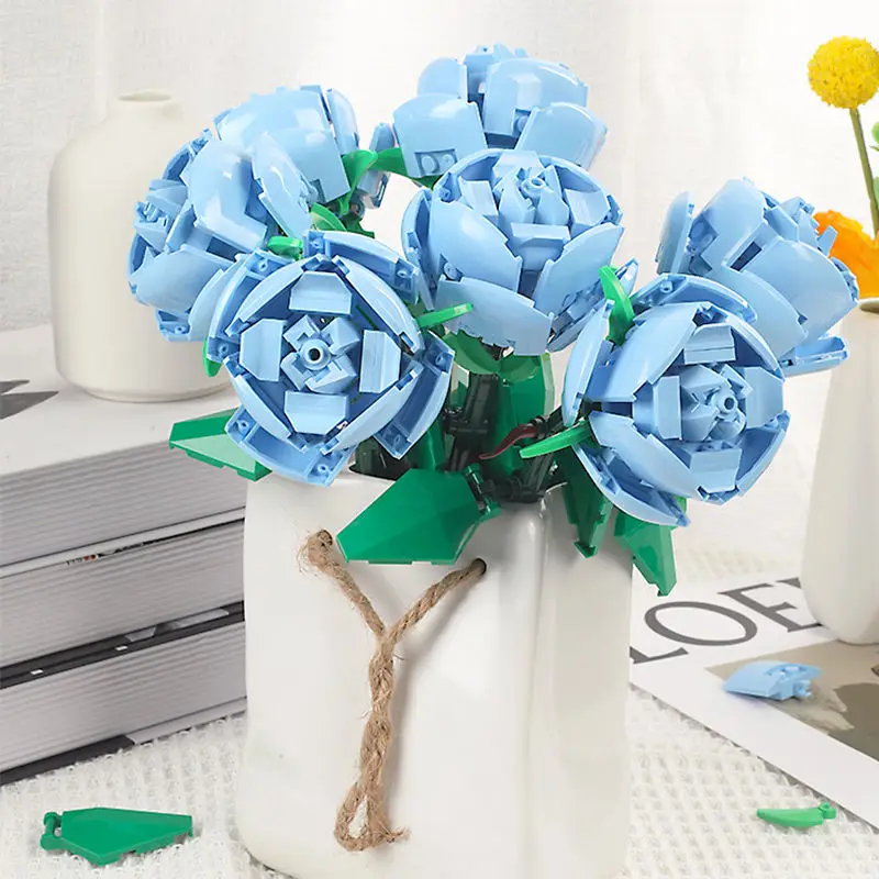 

New Diy Cute Flowers Blue Rose Building Block Bouquet Small Particles Compatible with Assembled Flower Holiday Gift Rose Series