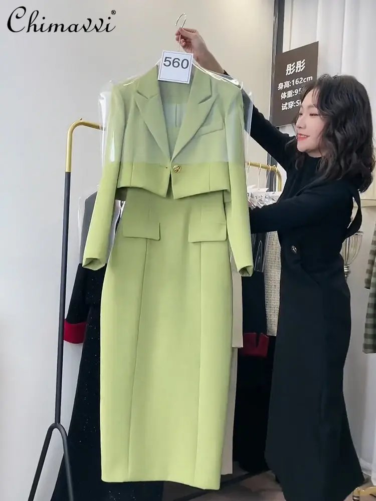 

Elegant Socialite Dress Suit Women's 2023 Spring New Commute Long Sleeve Short Suit Green Round Neck Dress Two-Piece Set Female