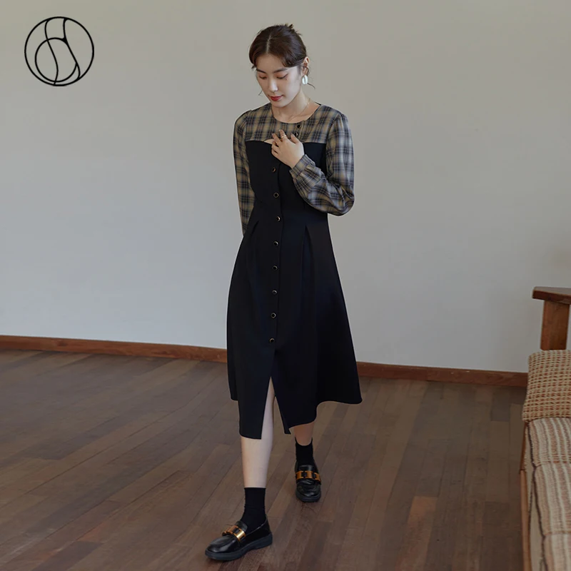 

Женское клетчатое платье с пуговицами DUSHU, зимнее длинное ТРАПЕЦИЕВИДНОЕ ПЛАТЬЕ с круглым вырезом и юбкой в стиле ретро, 2021