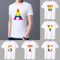 mens classic t shirt casual o neck rainbow lettern printing pattern series commuter all match breathable white shirt