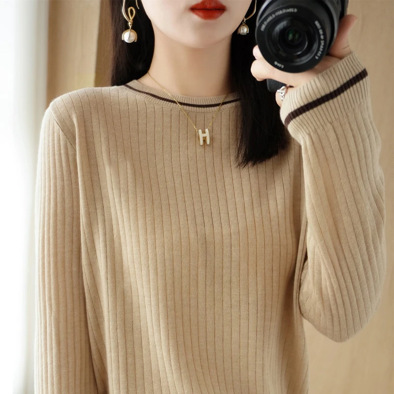 Autumn And Winter 2022 New Contrast Round Neck Stripped Knit Pullover Women's Fashion Versatile Women's Wear Inside And Outside