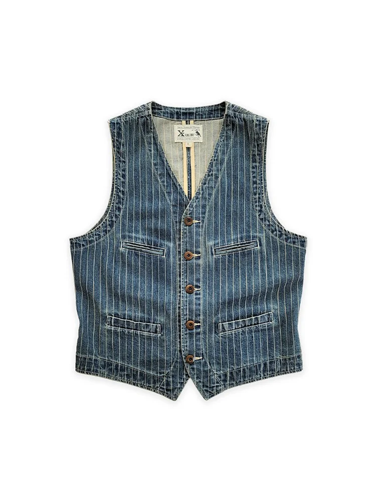 

Мужской винтажный жилет в полоску, жилет из потертого денима цвета индиго, комбинезон Amekaji, майка, жилет для работы