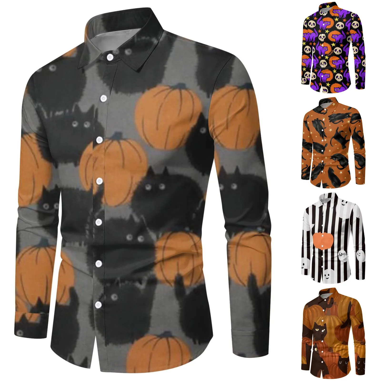 

Hot Sale Men's Shirt Halloween Print Tops Party Hip Hop Hawaiian Beach Long Sleeve Oversize Men's Clothing Club Wear