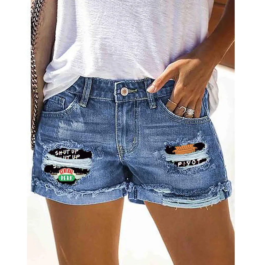 

Friends TV Show Fashion Print Ripped Denim Shorts