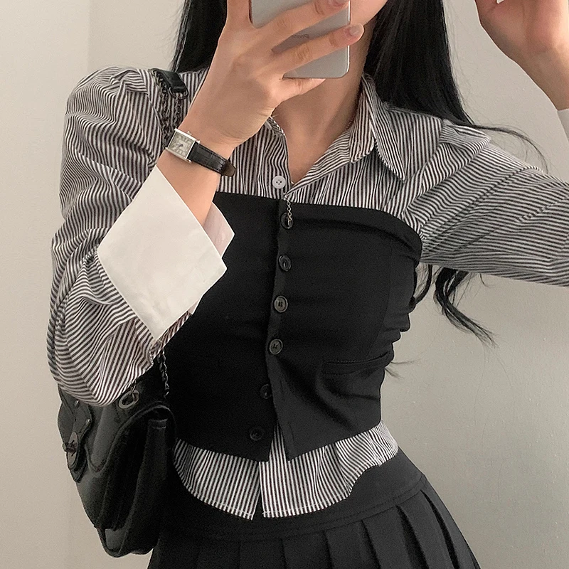 Женские рубашки и блузки в контрастную полоску однобортные с воротником-лапша