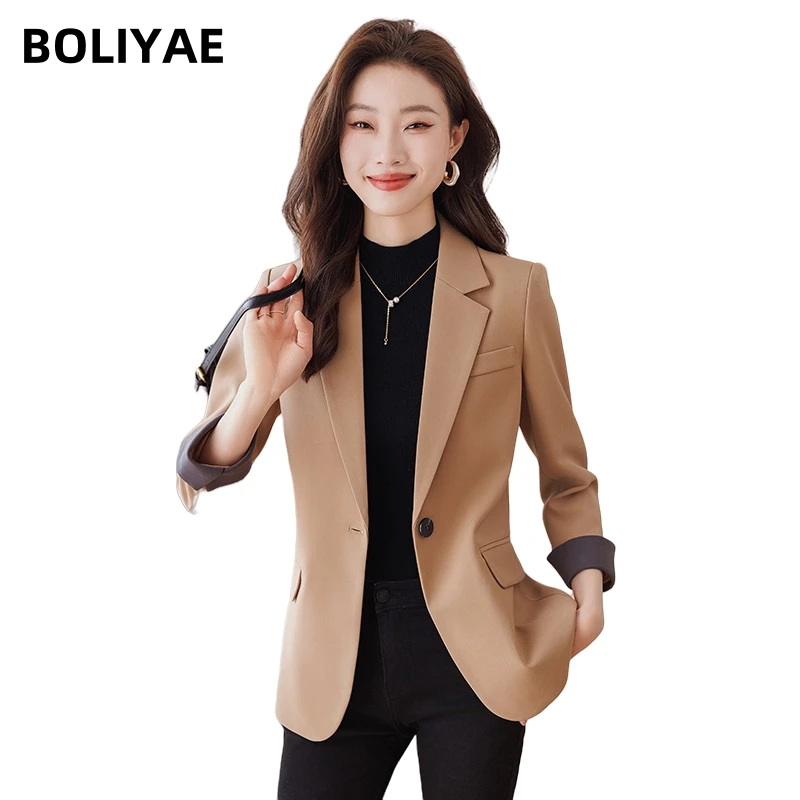 

Boliyae New Women Jacket Spring and Autumn 2024 Fashion Single Button Blazers Coat Elegant Long Sleeve Female Outerwear Chic Top