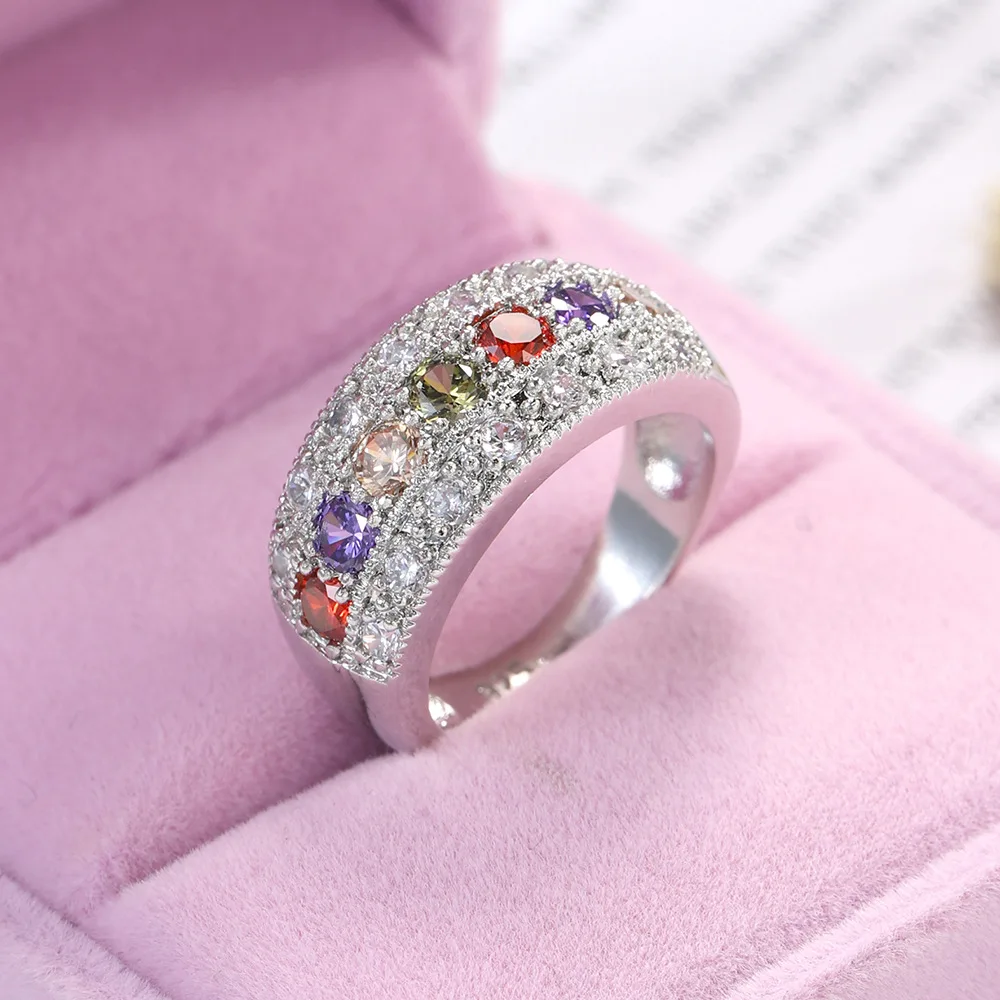 

SODROV Luxury Rainbow Jewelry Colorful Crystal Zircon Rings for Women Wedding Engagement Ring US Size 6-10