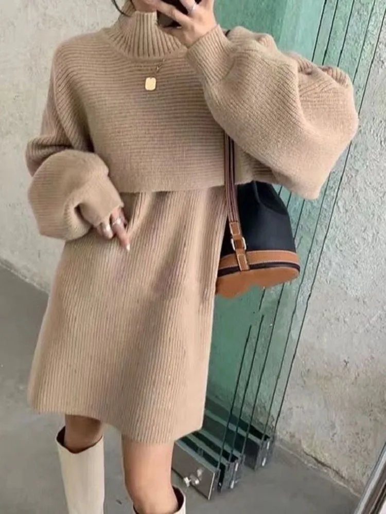 

Женское трикотажное платье-свитер, комплект из двух предметов, топ с рукавом-фонариком и шаль с высоким воротником, весна-осень, D4581