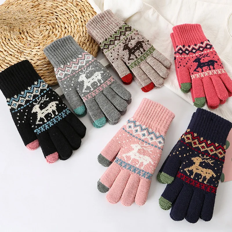

2022 Xmas Winter Gloves Women Men Christmas Elk Snowflake Mitts Thick Warm Knitted Full Fingers Touch Screen Driving Gloves Gift