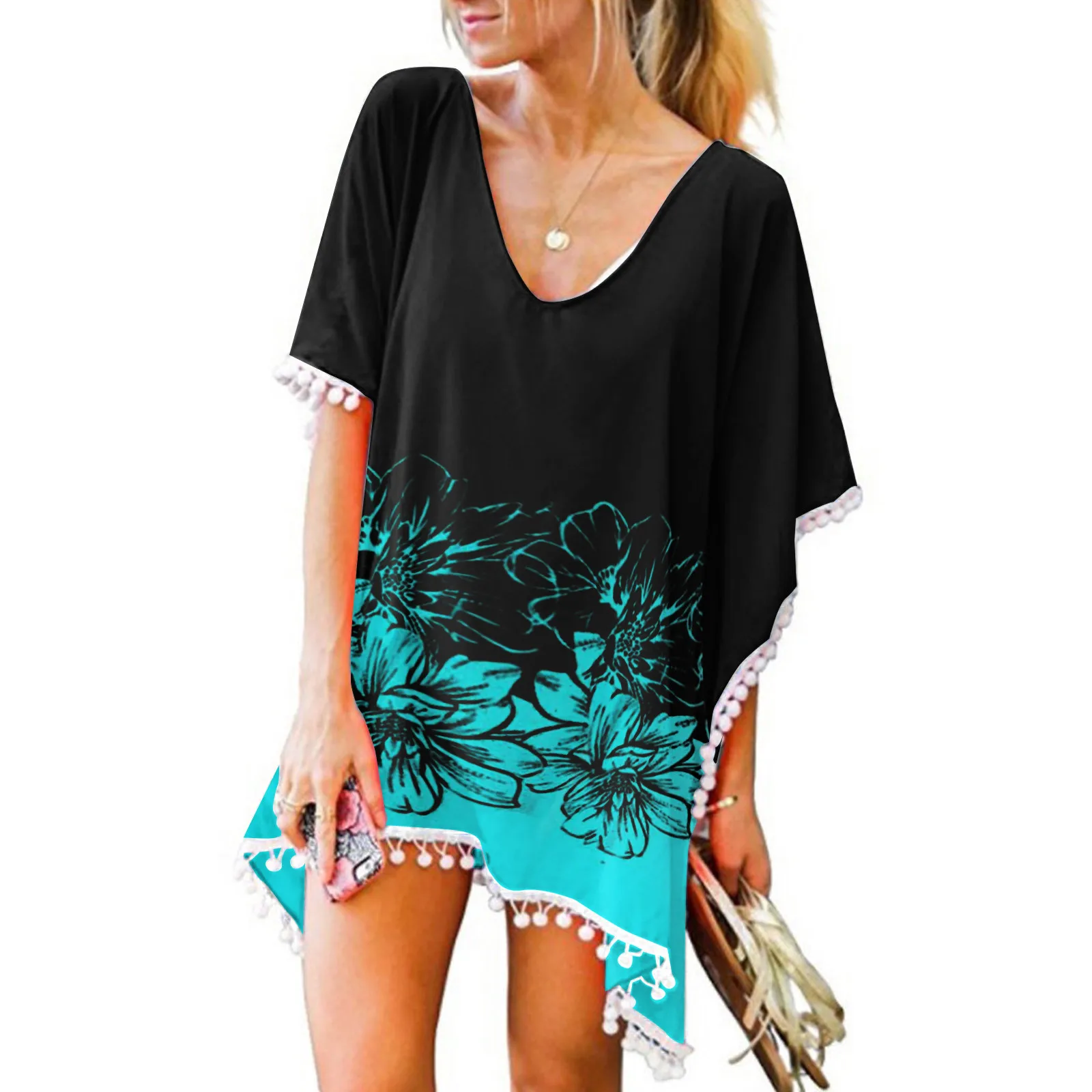 

Cover Tops Chiffon Women Up Loose Beach Swimwear Bikini Tassels Kaftan Trim Swimwears Tankinis Set Bikini Tops with Shorts