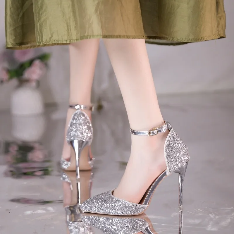 

Shoes for Women 2023 Pearl Ankle Strap Women's High Heels Bling Fashion Wedding Shoes Ladies Pointed Toe Shallow Stiletto Pumps