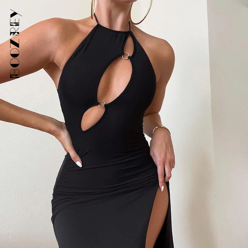 

BoozRey Summer Holiday Solid Halter High Slit Cutout Maxi Dress for Women Casual Party Wear Elegant Bandage Hollow Long Dress