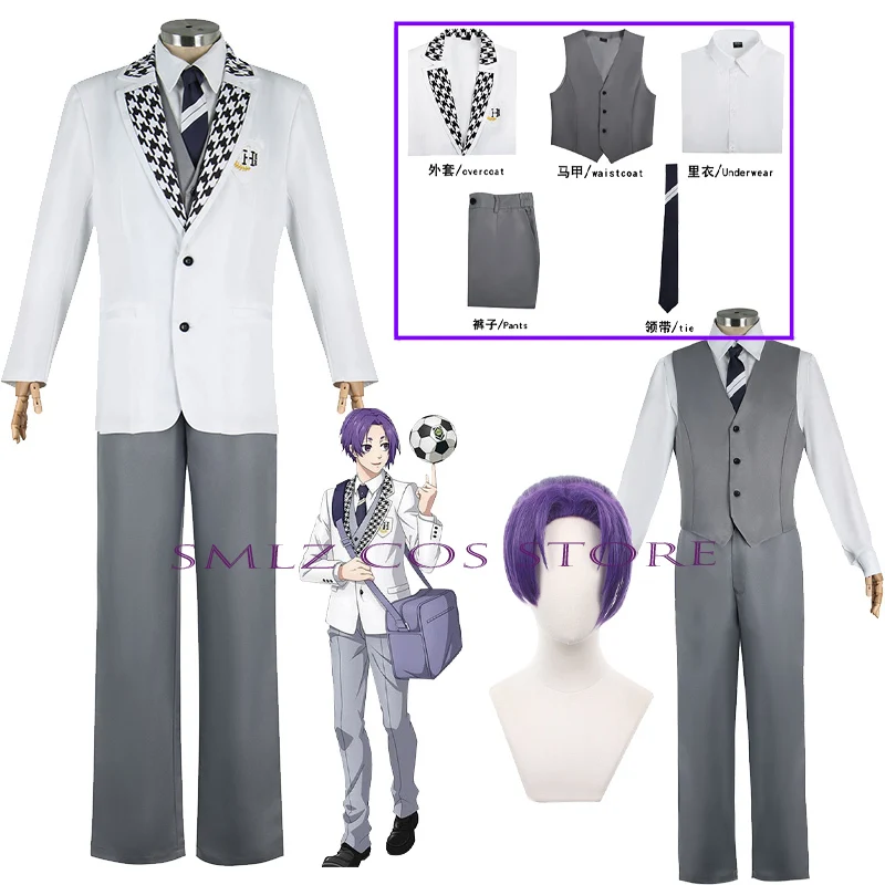 

Blue Lock Anime Cosplay Costume Wig Episode Nagi Seishiro Reo Mikage School Uniform White Jacket Halloween Suit for Men