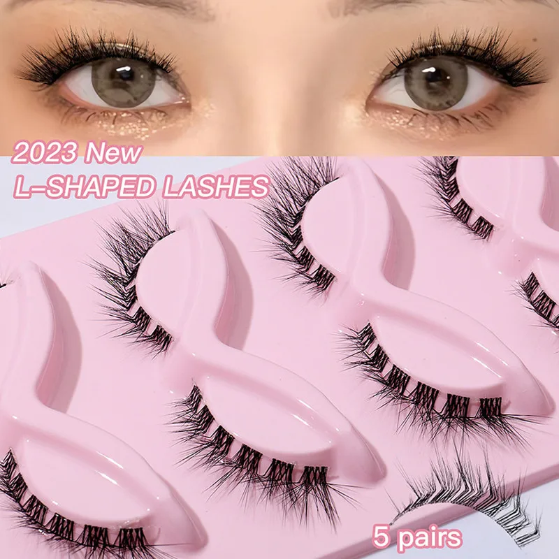 

5 Pairs L Curl Cat/Fox Eye Clear Band Wispy Faux Mink Soft Winged Eyelashes 15mm Natural Look L Shaped False Eyelashes Makeup